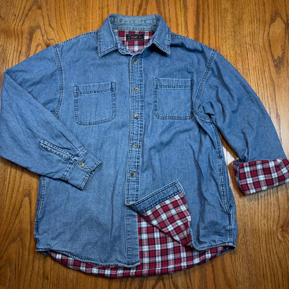 Wrangler Denim Shirt Mens Medium Blue Flannel Lined Long Sleeve Button Up Work
